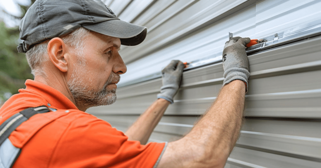 Worker installing a metal panel.