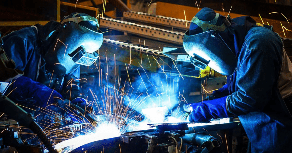 Two welders working with sparks flying.