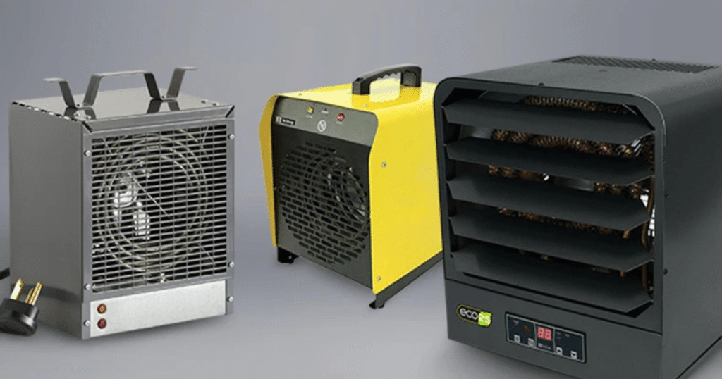 Industrial space heaters in a row.