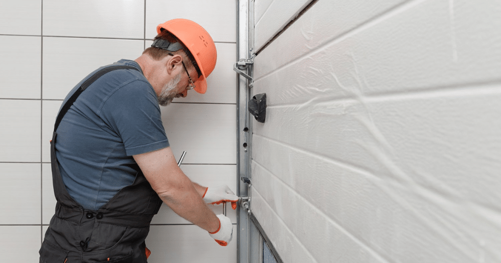 "Worker repairs a garage door with tools."