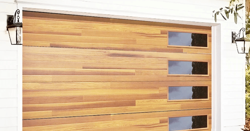 Wooden garage door with glass windows.