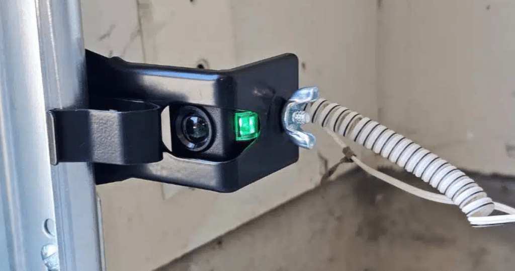 Garage door sensor with green indicator light.