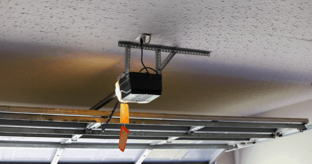 Ceiling-mounted garage door opener in use.